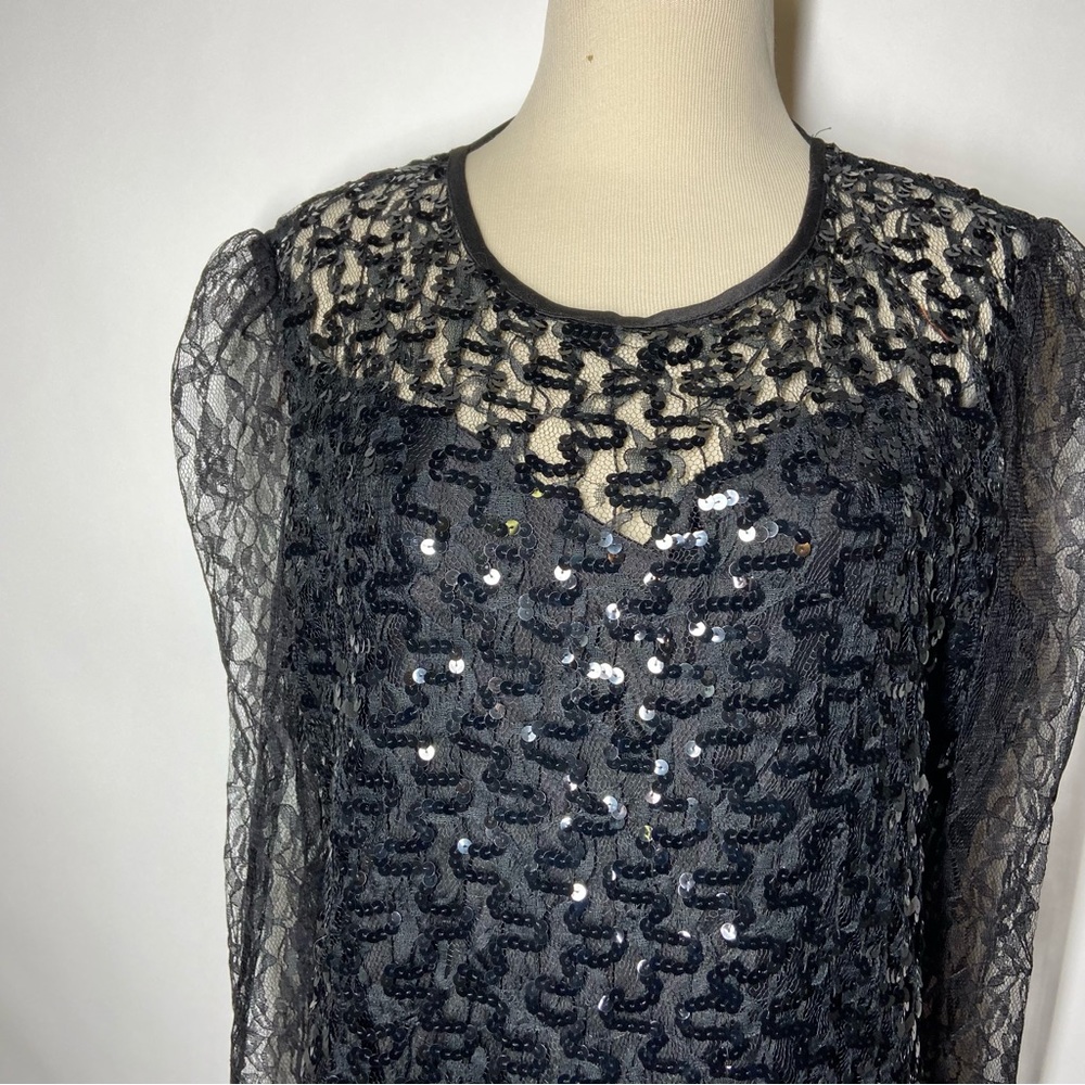 Vintage Mainframe Large? Floral Black Lace Sequin Long Sleeve Party Dress Goth - Picture 3 of 9